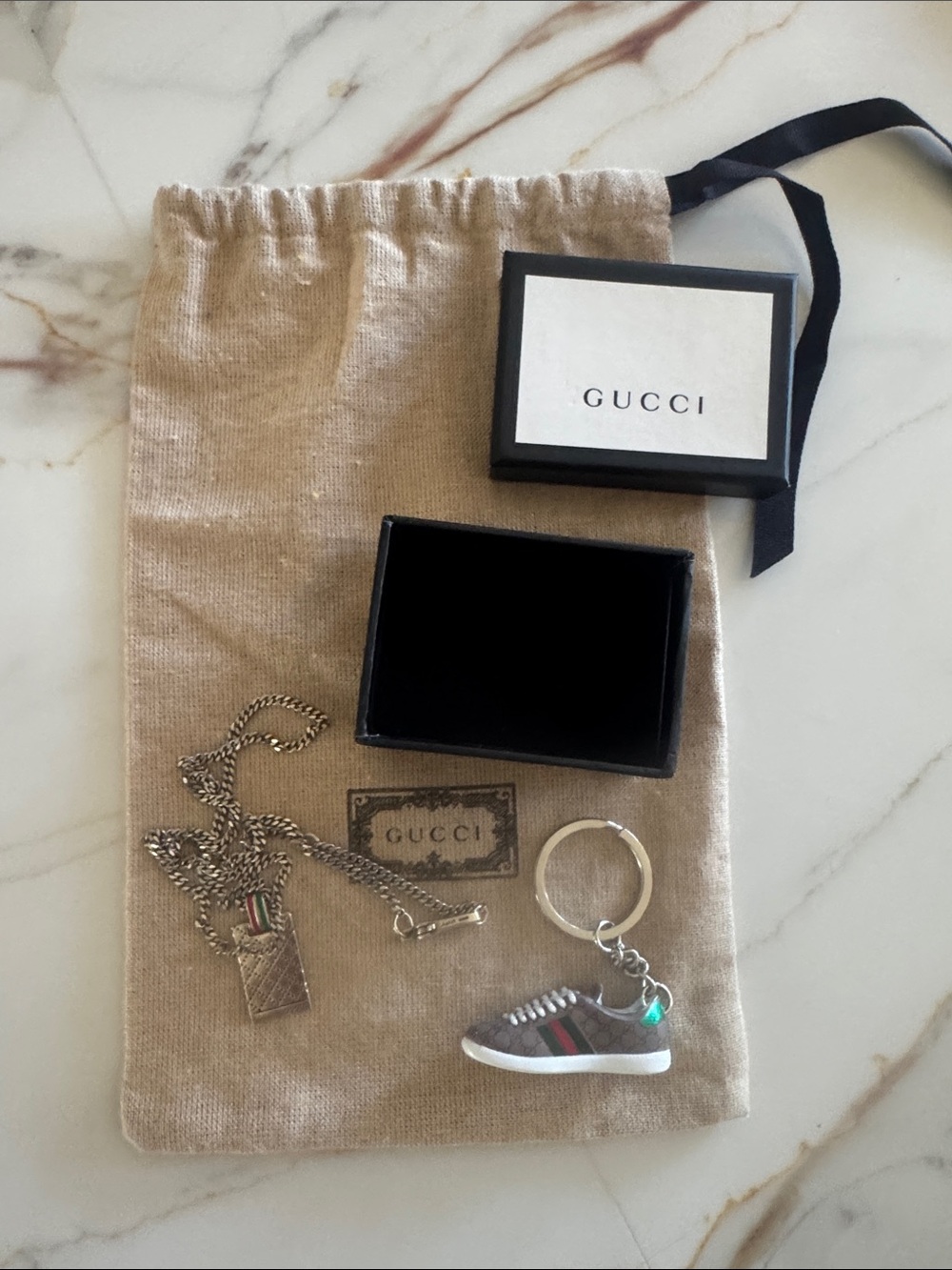 Gucci Silver-Tone  Pendant Necklace with Red-Green Stripe and keychain dust bag - Picture 6 of 7